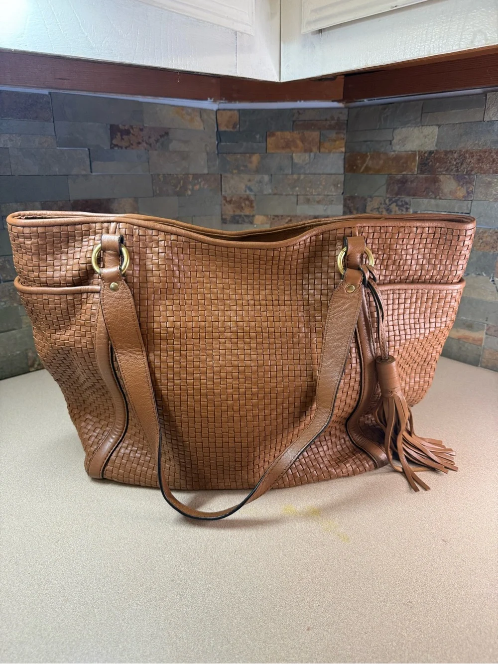 Brown Woven Leather Cole Haan Large Tote Bag